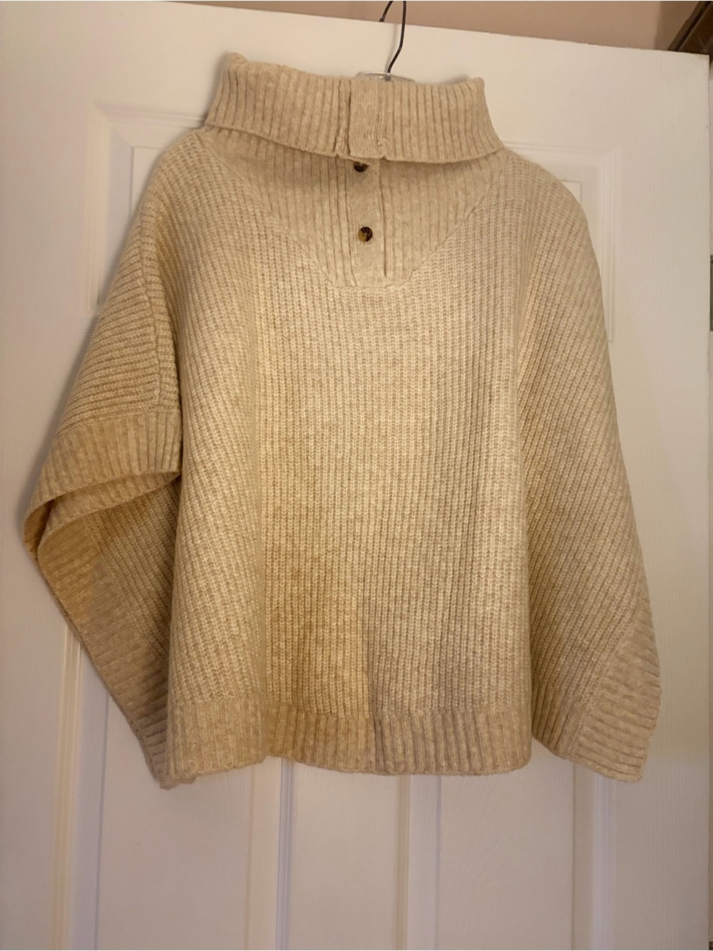 LOFT Cream Ribbed Button-Neck Poncho Sweater